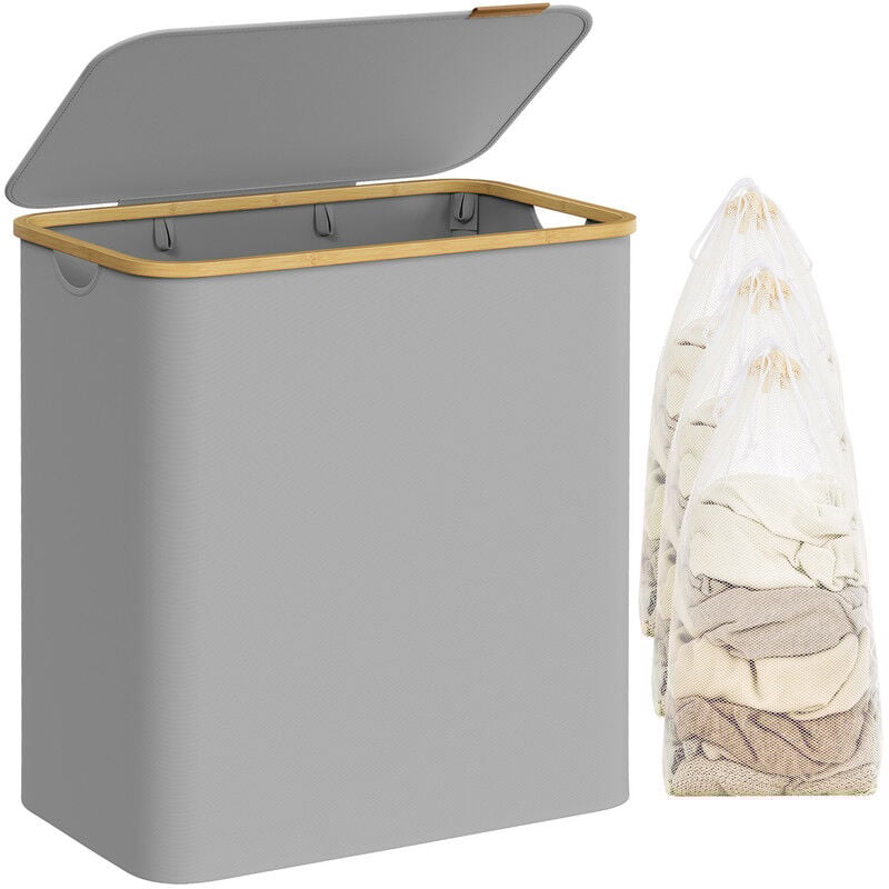 Panier à Linge avec Couvercle à 3 Compartiments, 150L, Sac Amovible, Tissu Oxford, Poignées en Bambou, Pliable, 60 x 38,5 x 70,5 cm, Gris Tourterelle