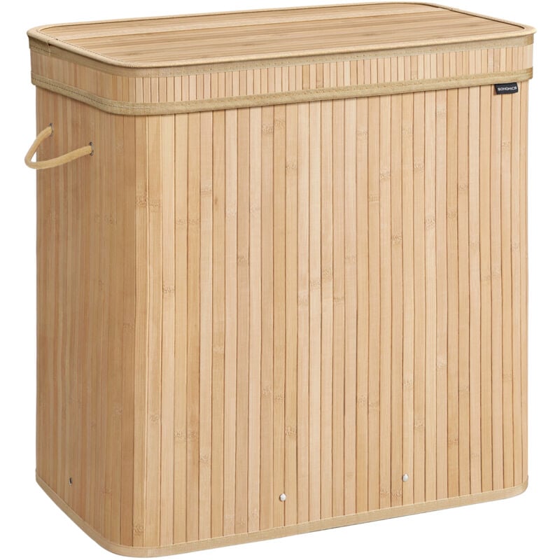 Panier à Linge Sale avec Couvercle, Corbeille Linge Sale en Bambou, Sac Intérieur Amovible et Lavable en Machine, Poignées, Volume 150 l, Buanderie,