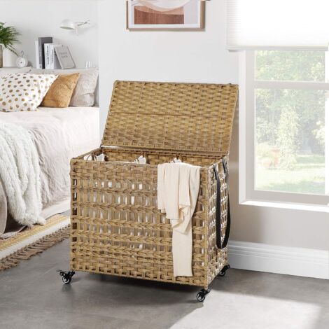 Songmics – Panier à linge tissé à la main – 3 compartiments amovibles – Couverture en plastique polypropylène – Dimensions 66x35x60,5 cm – LCBFR083N01