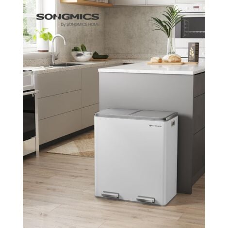 SONGMICS - Pattumiera a doppio scomparto 2 x 30 L, con 2 sacchetti della spazzatura, pedali in metallo, 15 secchi in plastica, coperchi, manici, chiusura ammortizzata, ermetica, bianco e nero