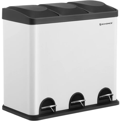 SONGMICS Pattumiera di 54L, Cestino di Spazzatura, a 3 Sezioni, con Pedale, Secchio Interni, 6 Etichetti per Smailtimento Facile, Bianco e Nero LTB54W
