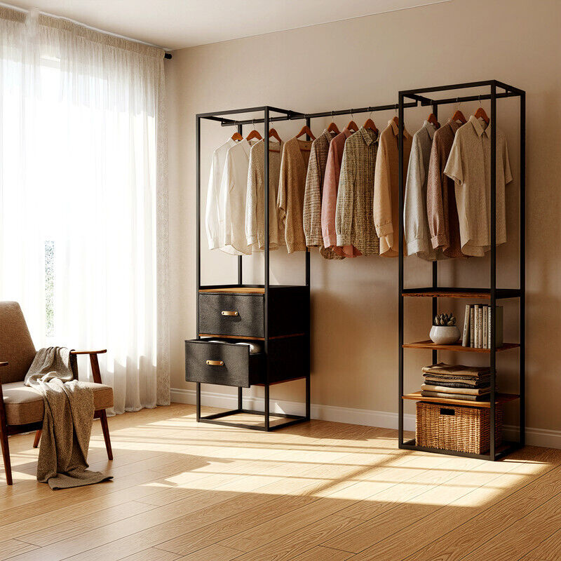 Armoire Ouverte, avec 1 Tringle Extensible, 2 Tiroirs et 4 Étagères, Marron