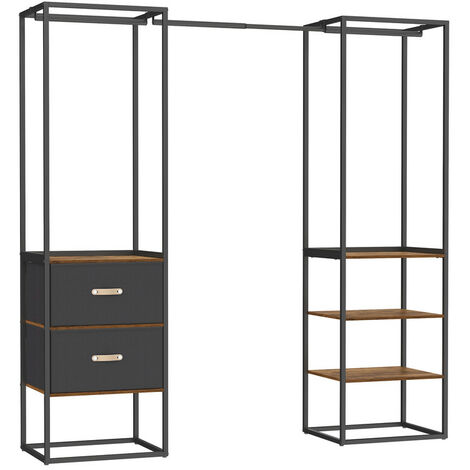 Songmics – Penderie ouverte avec 1 tringle extensible, 2 tiroirs et 4 étagères – Acier et MDF – Dimensions 40 x (150-180) x 180 cm – Marron rustique