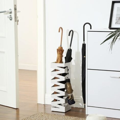 SONGMICS Porta Ombrelli in Metallo, Contenitore per Ombrelli Quadrato con 4 Gancetti e Scolapioggia Rimovibile, 15,5 x 15,5 x 49 cm, Bianco