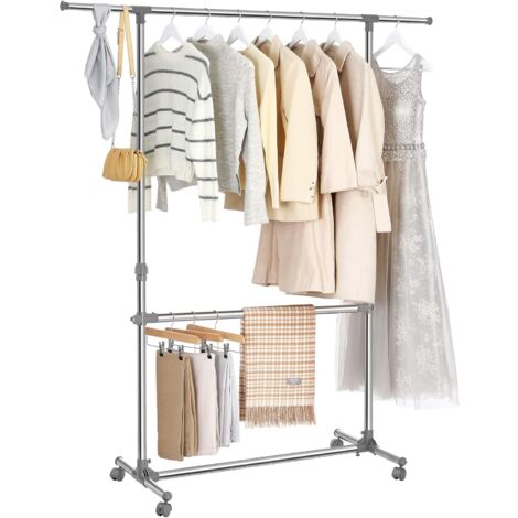 Songmics – Portant à vêtements sur roulettes gris – Hauteur réglable 113-198 cm – Tube en acier inoxydable – LLR401