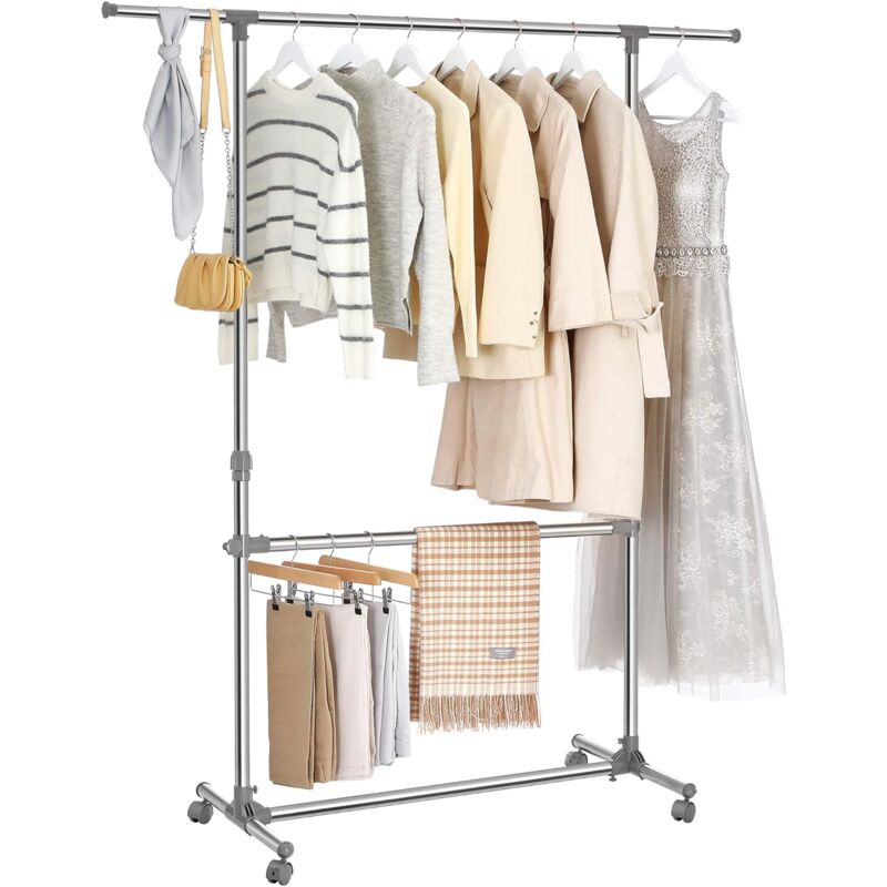 Portant Penderie à vêtement sur roulettes Gris Hauteur: 113-198cm, tube en fer revêtu d'acier LLR401