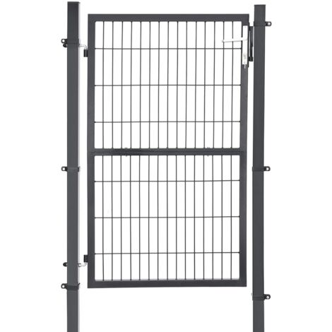 SONGMICS Portillon en acier galvanisé, 150 x 106 cm (L x H), Portail de clôture, Porte de jardin, robuste et durable, avec serrure, poignée et clé de qualité, Gris