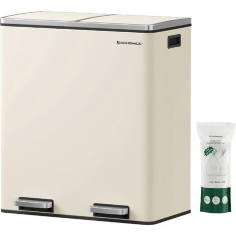 SONGMICS Poubelle à Double Compartiment 2 x 30L, avec 15 Sacs Poubelles, Pédales en Métal, 2 Seaux Intérieurs en Plastique, Couvercles, Poignées, Fermeture en Douceur, Beige
