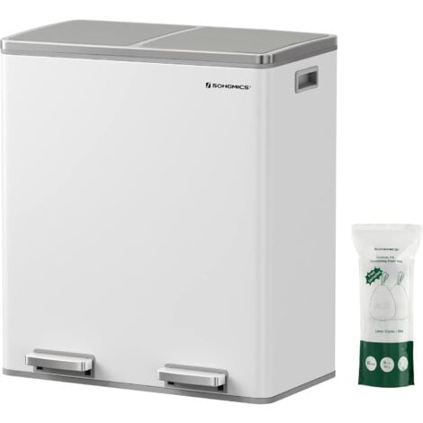 SONGMICS Poubelle à Double Compartiment 2 x 30L, avec 15 Sacs Poubelles, Pédales en Métal, 2 Seaux Intérieurs en Plastique, Couvercles, Poignées, Fermeture en Douceur, Blanc