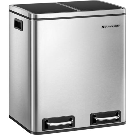 Songmics – Poubelle tri sélectif 2 compartiments 30L – Acier inoxydable argent et noir – Pédale avec fermeture douce – Sacs poubelles inclus