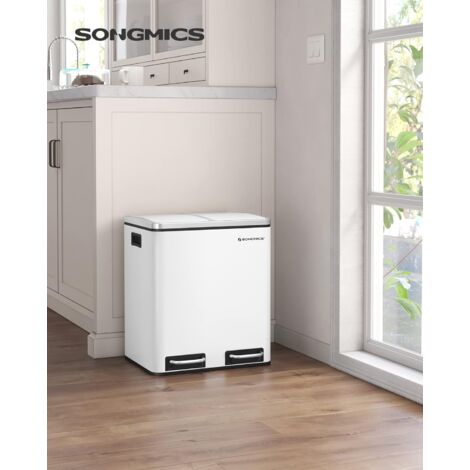 Songmics – Poubelle tri sélectif 2 compartiments 2 x 15L – Acier avec pédale – Couvercles à fermeture douce – Seaux intérieurs amovibles – Blanc