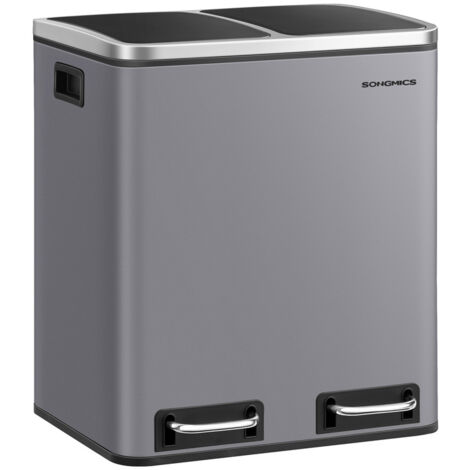 Songmics – Poubelle à pédale 2 x 15L – 2 compartiments avec seaux intérieurs amovibles – Acier antirouille gris ardoise – Couvercles à fermeture douce