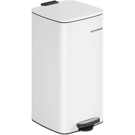 Songmics – Poubelle à pédale 30 L en acier – Design rectangulaire – Couvercle silencieux avec maintien ouvert – Antidérapante – Blanc