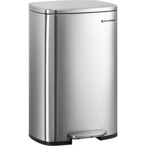 Songmics – Poubelle à pédale 50L en acier – Mécanisme de fermeture douce – Seau intérieur amovible – Dimensions 42,4 x 32 x 65 cm – Argenté