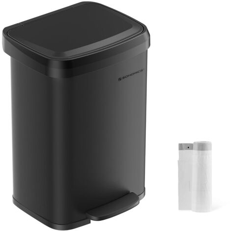 Songmics – Poubelle à pédale 50L en acier noir – Couvercle silencieux – Filtre à charbon anti-odeurs – Dimensions 40,4 x 32,1 x 58,6 cm