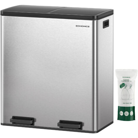 Songmics – Poubelle à pédale 2 compartiments 2 x 30 L – Couvercle en acier avec fermeture douce – 2 seaux intérieurs en plastique – Argent et noir