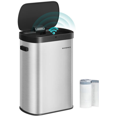 Songmics – Poubelle automatique 50 L – Ouverture par capteur ou tactile – Acier inoxydable – Fermeture douce – 15 sacs inclus – Argent et noir