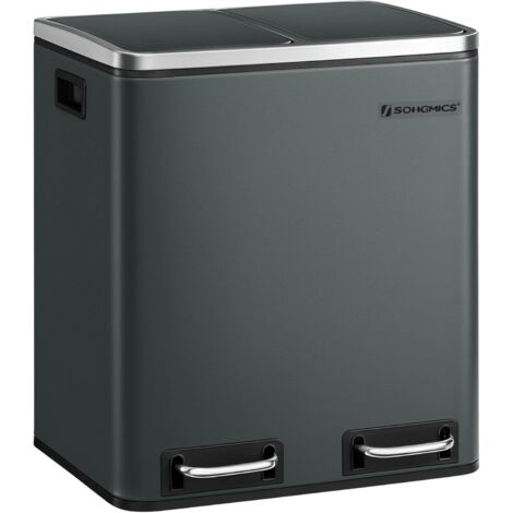 SONGMICS Poubelle Cuisine, 2 x 15L, Poubelle Tri, avec Pédale, 2 Compartiments, Seaux Intérieurs, Couvercles en Douceur, pour Petites Familles, En Acier, Gris