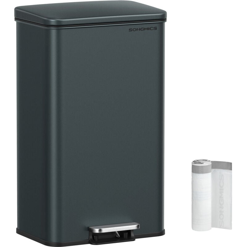 Songmics - Poubelle de Cuisine 40L, Grand, Corbeille à Déchets à Pédale avec Couvercle, en Acier, Fermeture en Douceur, 15 Sacs Poubelle Inclus,Gris