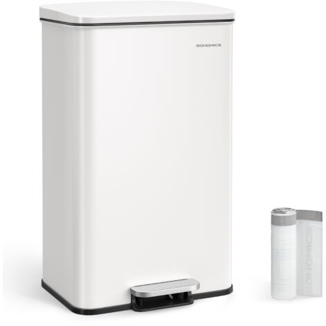 SONGMICS Poubelle de Cuisine 40L, Grand, Corbeille à Déchets à Pédale avec Couvercle, en Acier, Fermeture en Douceur, 15 Sacs Poubelle Inclus, Blanc