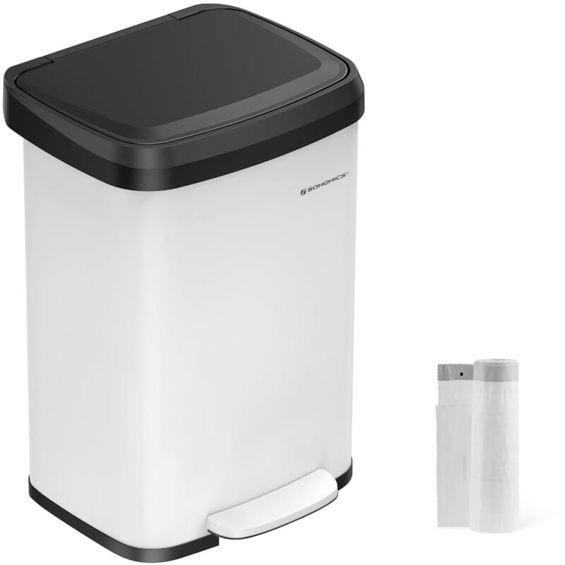 Songmics - Poubelle de Cuisine, 50L, Poubelle à Pédale en Métal avec Couvercle, Grande et Haute, Blanc