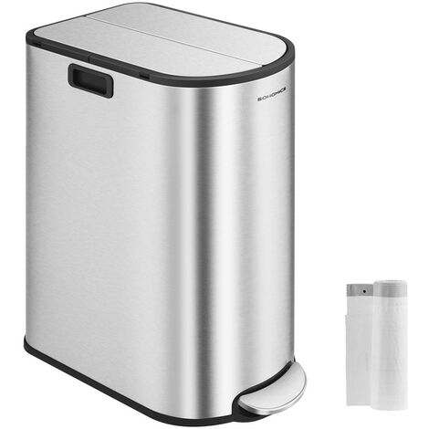 SONGMICS Poubelle de Cuisine Double, 30L et 20L, Poubelle Mince 2 Compartiments pour Tri et Recyclage des Déchets, avec Pédale et Couvercles Ailes, Argent