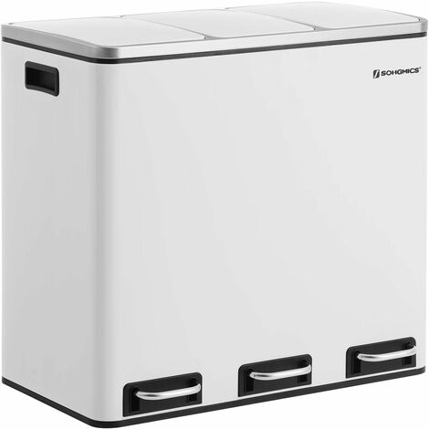 Songmics – Poubelle de tri sélectif 3 compartiments 3 x 18L – Acier blanc avec couvercles à fermeture douce – Pédale et seaux amovibles pour vidage facile