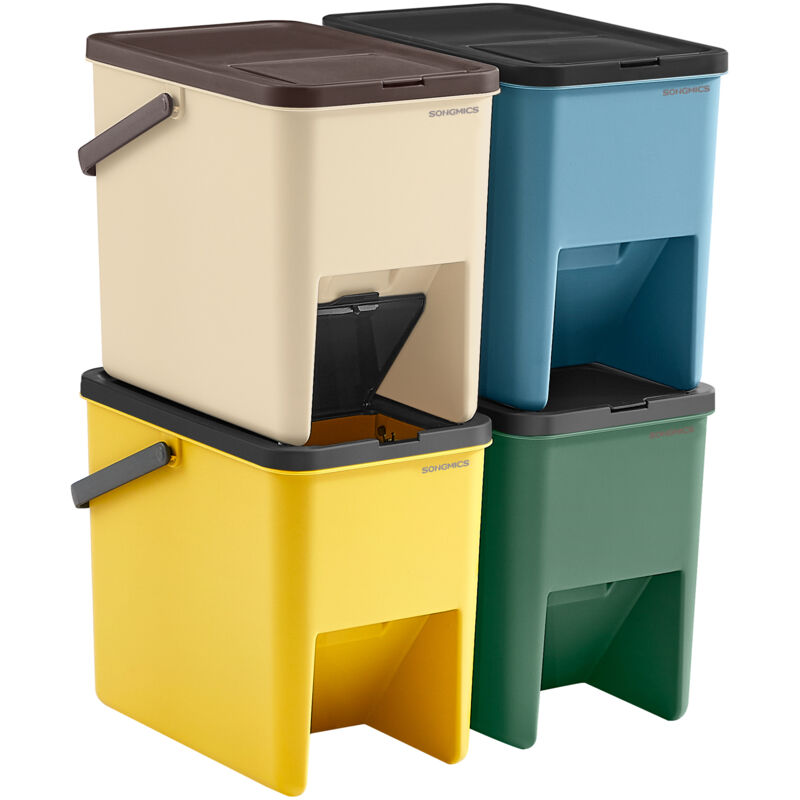 Songmics - Poubelles de Tri pour la Cuisine, Lot de 4, Empilables, 20L, Recyclage, Couvercles à Ouverture par Pression, Autocollants, Coffre de