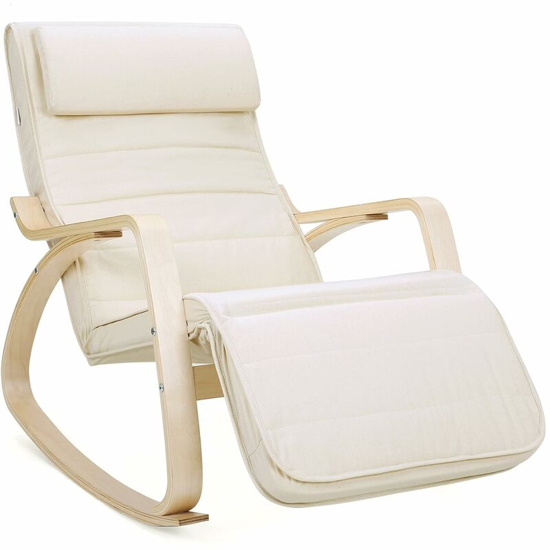 songmics - fauteuil à bascule, chaise berçante, avec repose-pieds réglable à 5 niveaux, avec oreiller, housse en coton, capacité de charge 150 kg,
