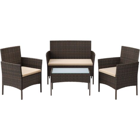 Songmics – Salon de jardin 4 places – Surface tressée en PE – Table 71x41cm – Coussins épais 5cm – Pour terrasse, jardin, balcon – Marron taupe