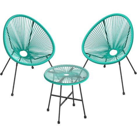 Songmics – Salon de jardin extérieur – Ensemble 3 meubles acapulco – 2 chaises en polyéthylène – 1 table en verre trempé – Turquoise GGF013C02