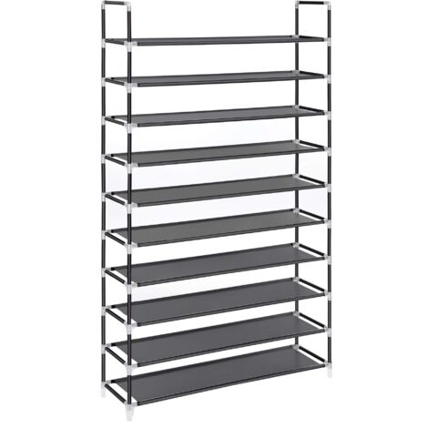 SONGMICS Scarpiera Scaffale a 10 Ripiani Capacità Fino a 50 Paia di Scarpe Scaffali portascarpe Cabina Guardaroba In Acciaio Tessuto Nero 100 x 29 x 175 cm LSR10H