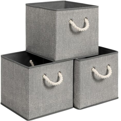 SONGMICS Scatole Portaoggetti in Tessuto, Set di 3 Contenitori con Manico, senza Coperchio, Organizzatori, 30 x 30 x 30 cm, Effetto Simil Lino, Grigio RFB016G01
