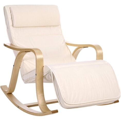 Schaukelstuhl, Schwingsessel mit 5-Fach verstellbarer Fußstütze, Relaxstuhl, Belastbarkeit 150 kg, Gestell aus Birkenholz, Bezug aus Baumwolle, Beige LYY41M