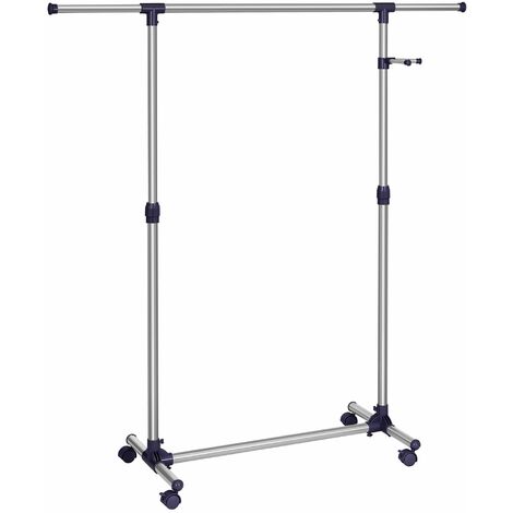 SONGMICS Stand Appendiabiti con Ruote, Attaccapanni, Altezza Regolabile 97-165 cm, Barra Estensibile, Ganci Laterali per Accessori, Color Argento e Blu LLR01L