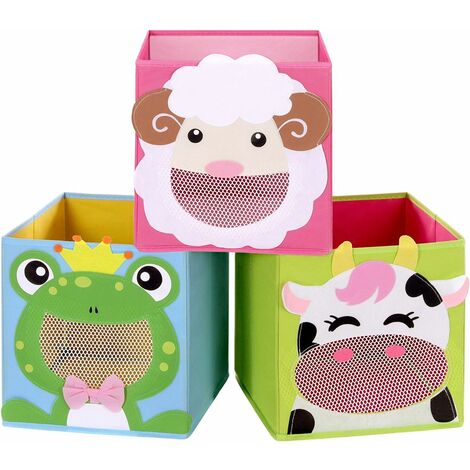 SONGMICS Storage Boxes, Set of 3, Toy Organisers, Foldable Storage Bins, Cubes, for Kid’s Room, Playroom, 27 x 27 x 27 cm, Animal Theme, Blue, Green and Pink RFB01PG