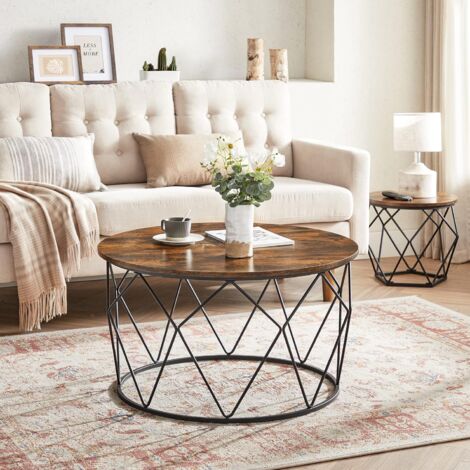 Songmics – Table basse ronde relevable 80cm – Panneau d’aggloméré et acier – Style industriel marron rustique et noir – LCT040B01
