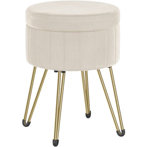 SONGMICS Tabouret Rangement, Siège Rond, Tabouret Coiffeuse, Pouf en Velours, Repose-pieds, 39 x 44,4 cm (Diamètre x H), 4 Pieds en Métal, pour Coins Beauté, Salon, Chambre, Blanc Crème