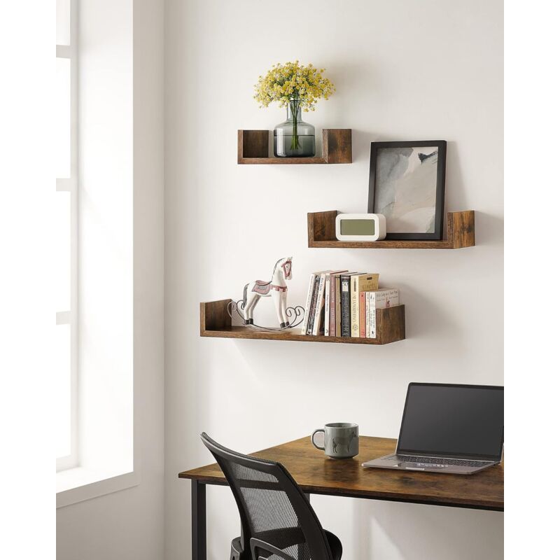 Songmics - tagère Murale Suspendue, Lot de 3, Longueur 30/45/60 cm, Capacité de Charge 15 kg, Marron Rustique LWS066T01