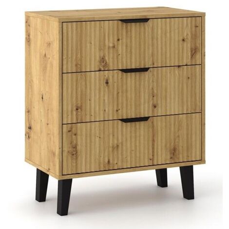 SONIA - Cómoda de 3 cajones con frentes ranurados de estilo escandinavo - 70 x 39 x 81,5 cm - Mueble de almacenamiento - Roble