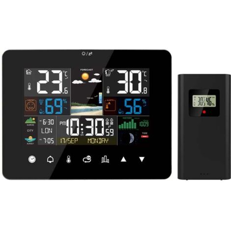 Sonnenaufgang und Sonnenuntergang Wetterstation Multifunktions-Wecker Thermometer Hygrometer Touchscreen-Bedienung mit drahtlosem Außensensor