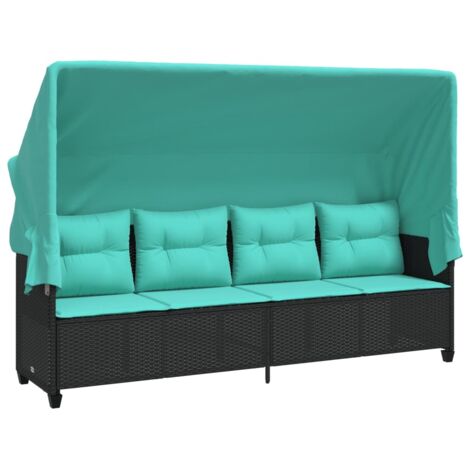 Sonnenliege mit Dach und Kissen Schwarz Poly Rattan vidaXL