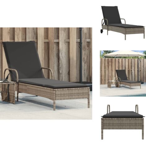 Sonnenliege mit Rollen und Auflage Grau Poly Rattan - Sonnenliege - Gartenliege - Relaxliege - Poolliege - Lounge Chair