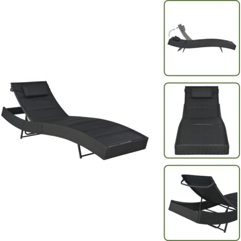 Sonnenliege Poly Rattan und Textilene Schwarz - Sonnenliege - Gartenliege - Relaxliege - Loungelehnstuhl - Poolliege