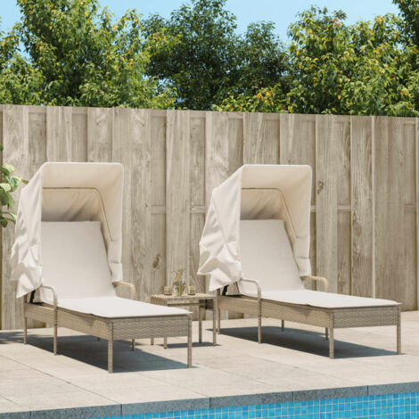 Sonnenliegen 2 Stk. mit Dach und Tisch Beige Poly Rattan vidaXL