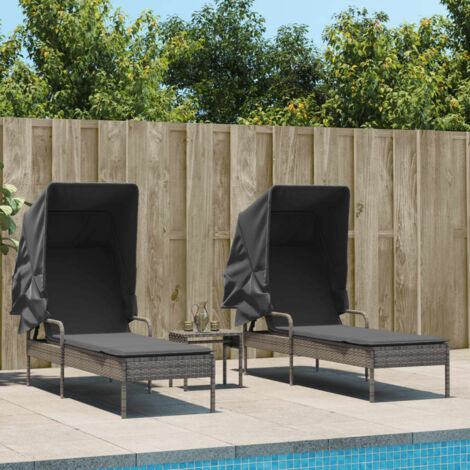 Sonnenliegen 2 Stk. mit Dach und Tisch Grau Poly Rattan vidaXL
