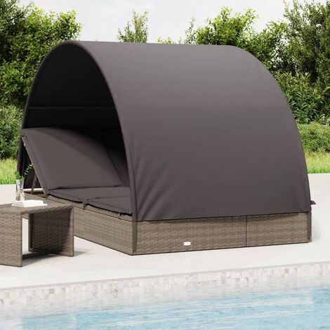 Sonnenliegen 2 Stk. mit Runddach Grau 211x112x140cm Poly Rattan