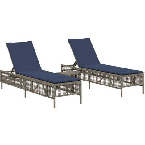 Sonnenliegen 2 Stk. mit Tisch Grau Poly Rattan vidaXL