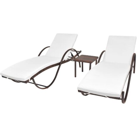 Sonnenliegen 2 Stk. mit Tisch Poly Rattan Braun