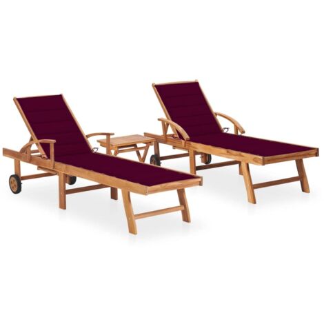 Sonnenliegen 2 Stk. mit Tisch und Auflagen Massivholz Teak